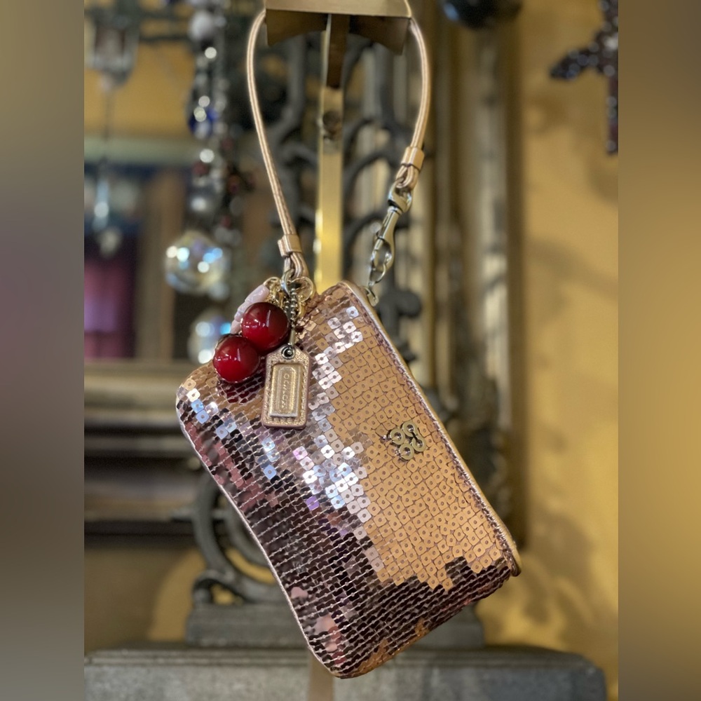COACH Metallic Rose Gold Sequin Wristlet With UNBRANDED Cherries & Bow Bag Charm